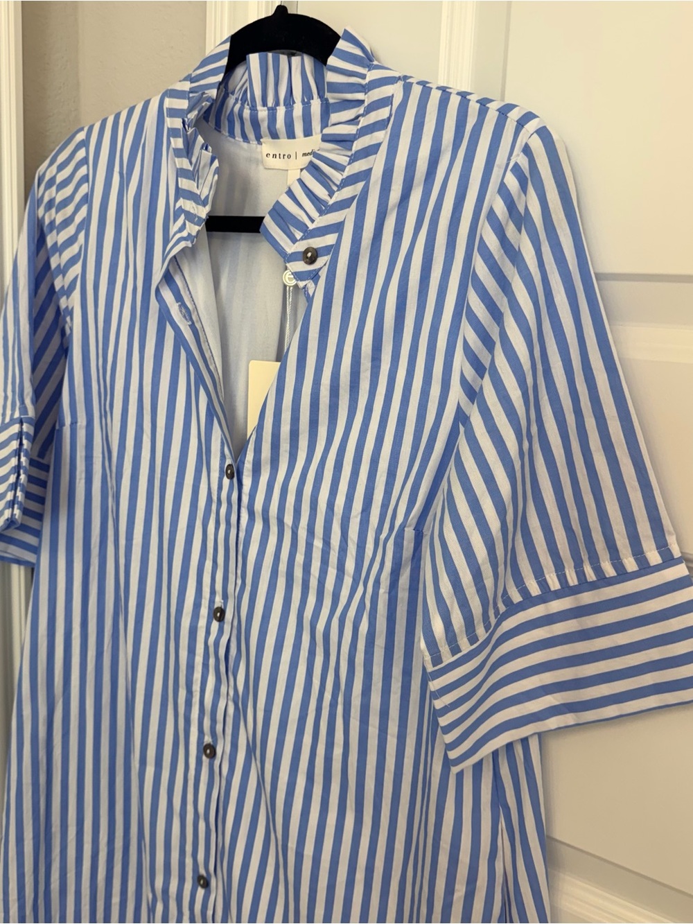 entro Blue Striped Button Front Ruffle Collar Shirt Dress - Picture 4 of 6